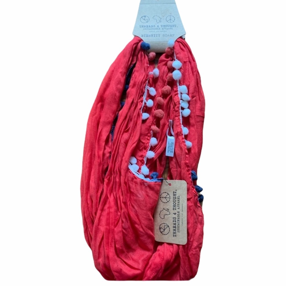 Red White Blue Pom Pom Infinity Scarf Modal Light Soft NWT Threads 4 Thought
